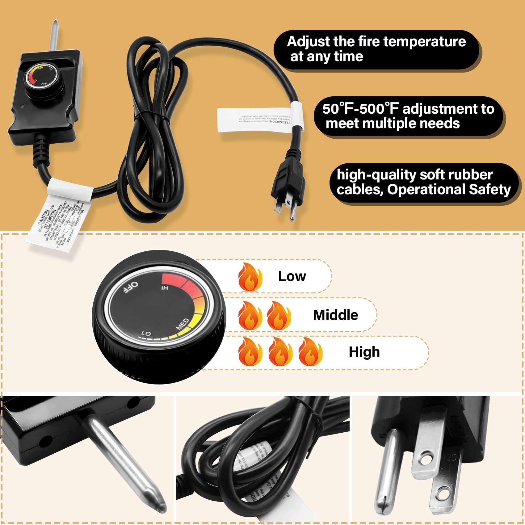 COMVIEE adjustable thermostat controller and heavy rubber cord for safer handling