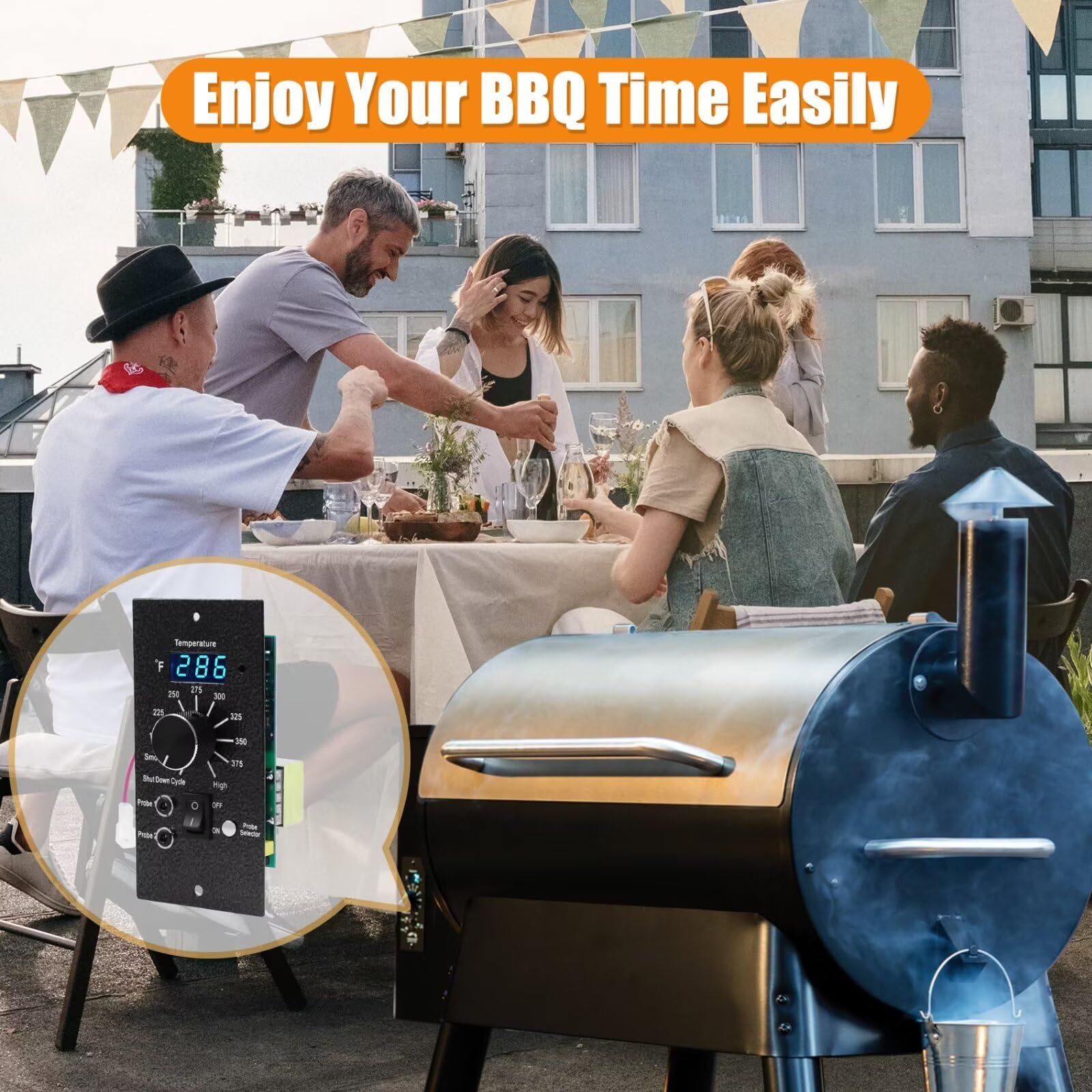 COMVIEE controller installed on pellet grill in backyard showing reliable smoking performance