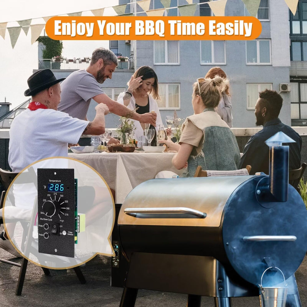 COMVIEE controller installed on pellet grill in backyard showing reliable smoking performance