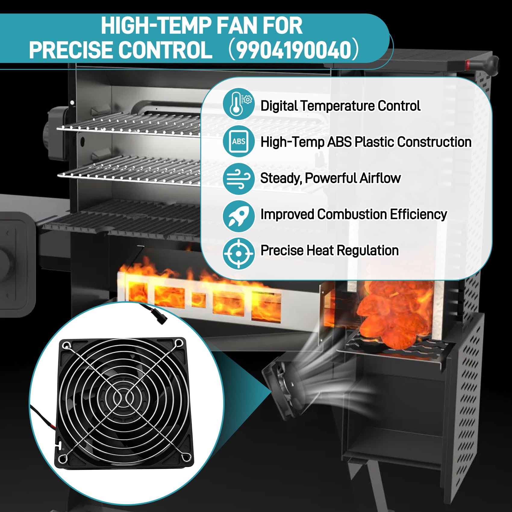 COMVIEE fan installed in a gravity grill hopper demonstrating restored steady airflow