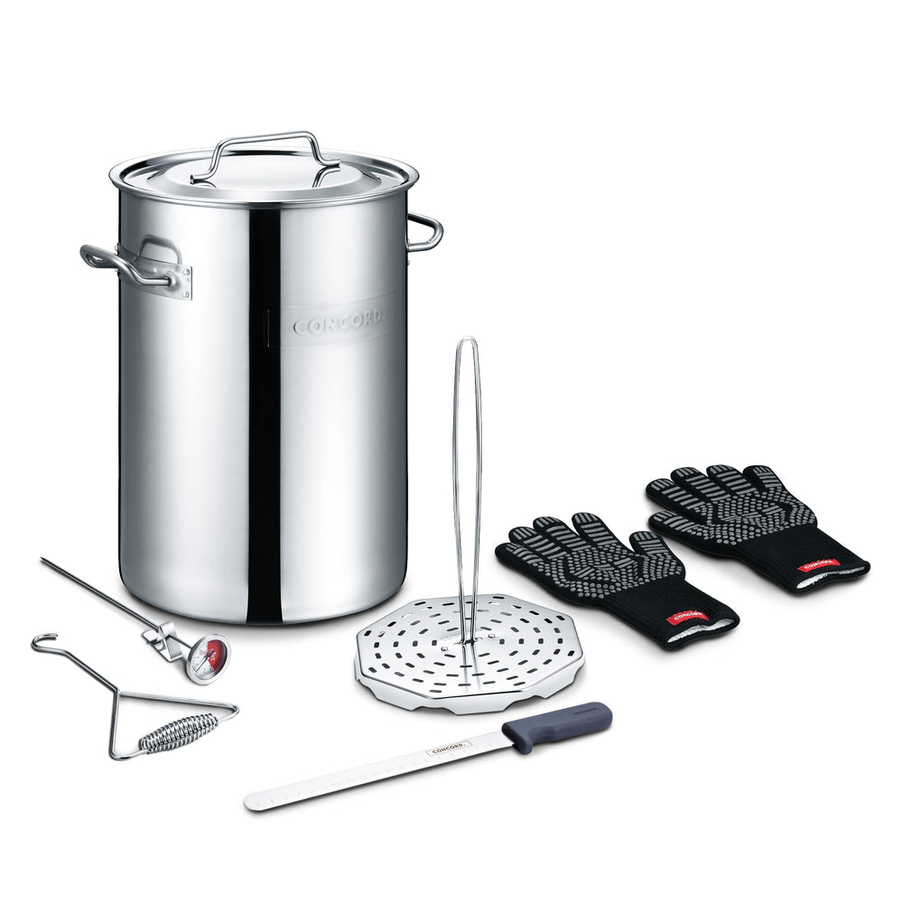 Concord front view of full turkey fryer kit showing included accessories and durability