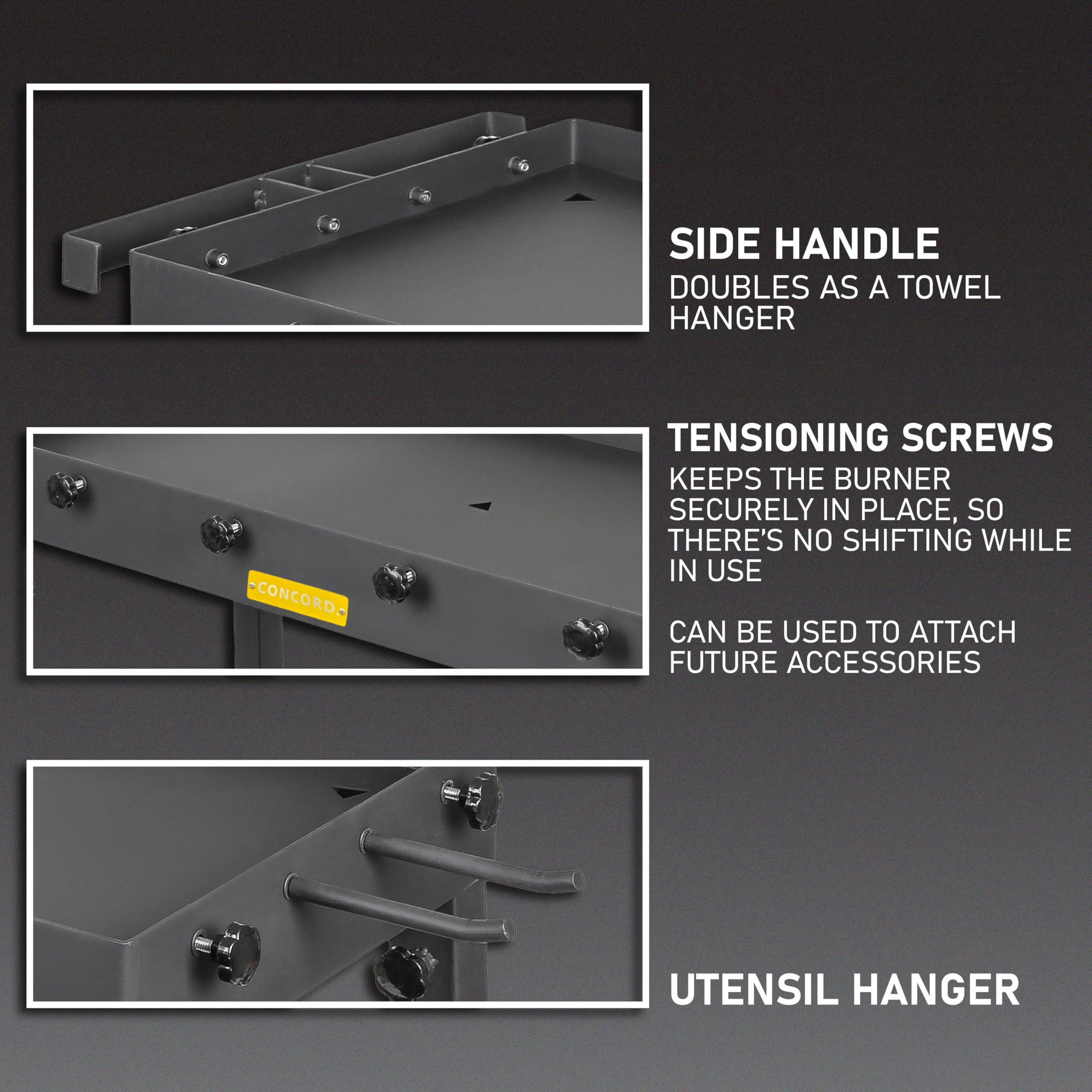 Concord side handle and utensil hooks organizing towels and cooking tools conveniently