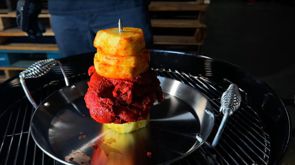 CONCORD lifestyle image of backyard taco service with carved meat from vertical skewer for social grilling
