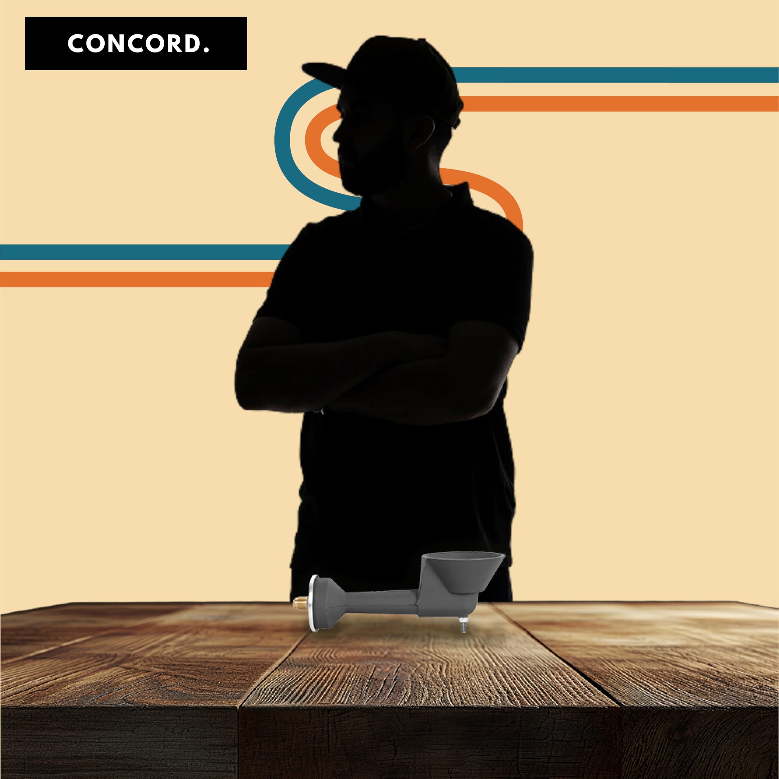 Concord burner head beside ruler showing compact size and clear fit benefit