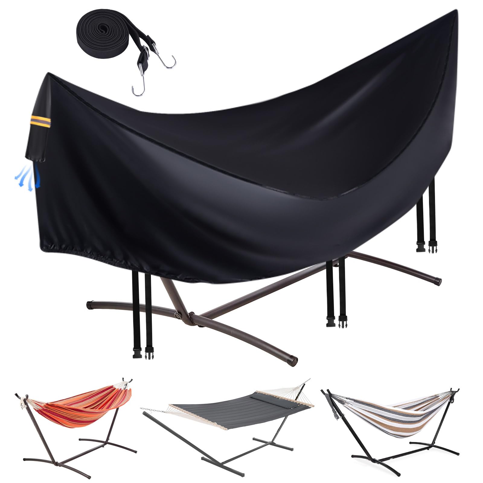 CONFUTURY front view showing full cover protecting hammock and stand, weather protection benefit