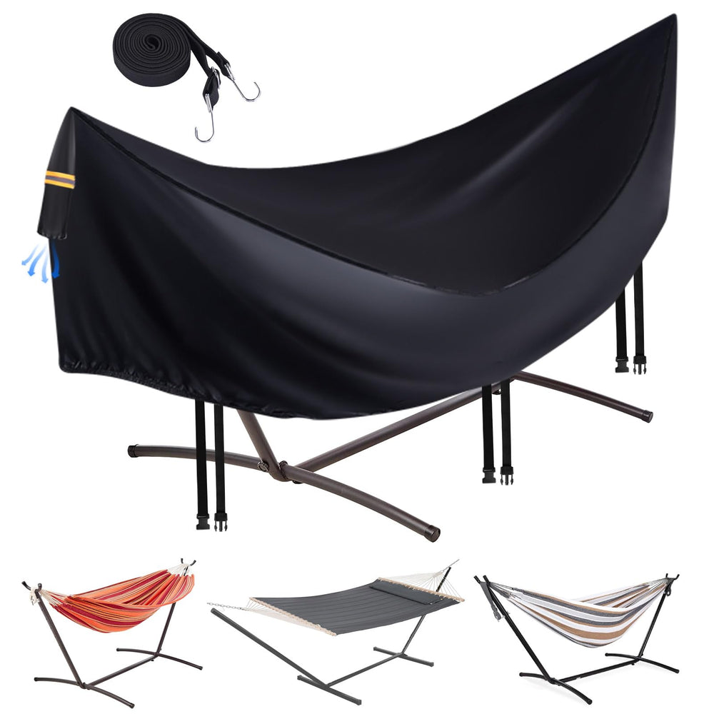CONFUTURY front view showing full cover protecting hammock and stand, weather protection benefit