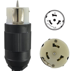 Conntek cord connected between a portable generator and inlet demonstrating safe temporary power transfer