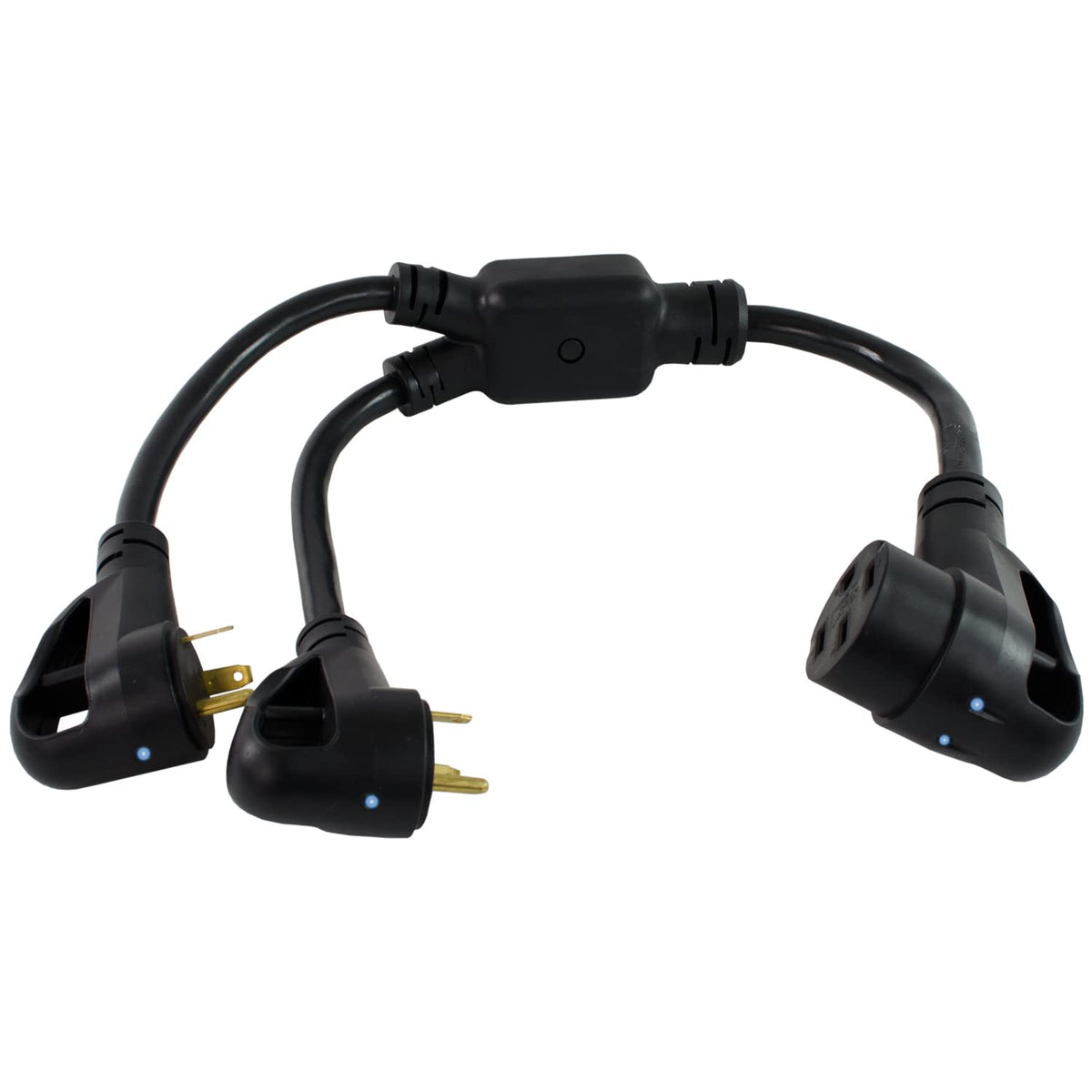 Conntek 14995 front view showing 14-50R female and two 30A plugs for reliable connection