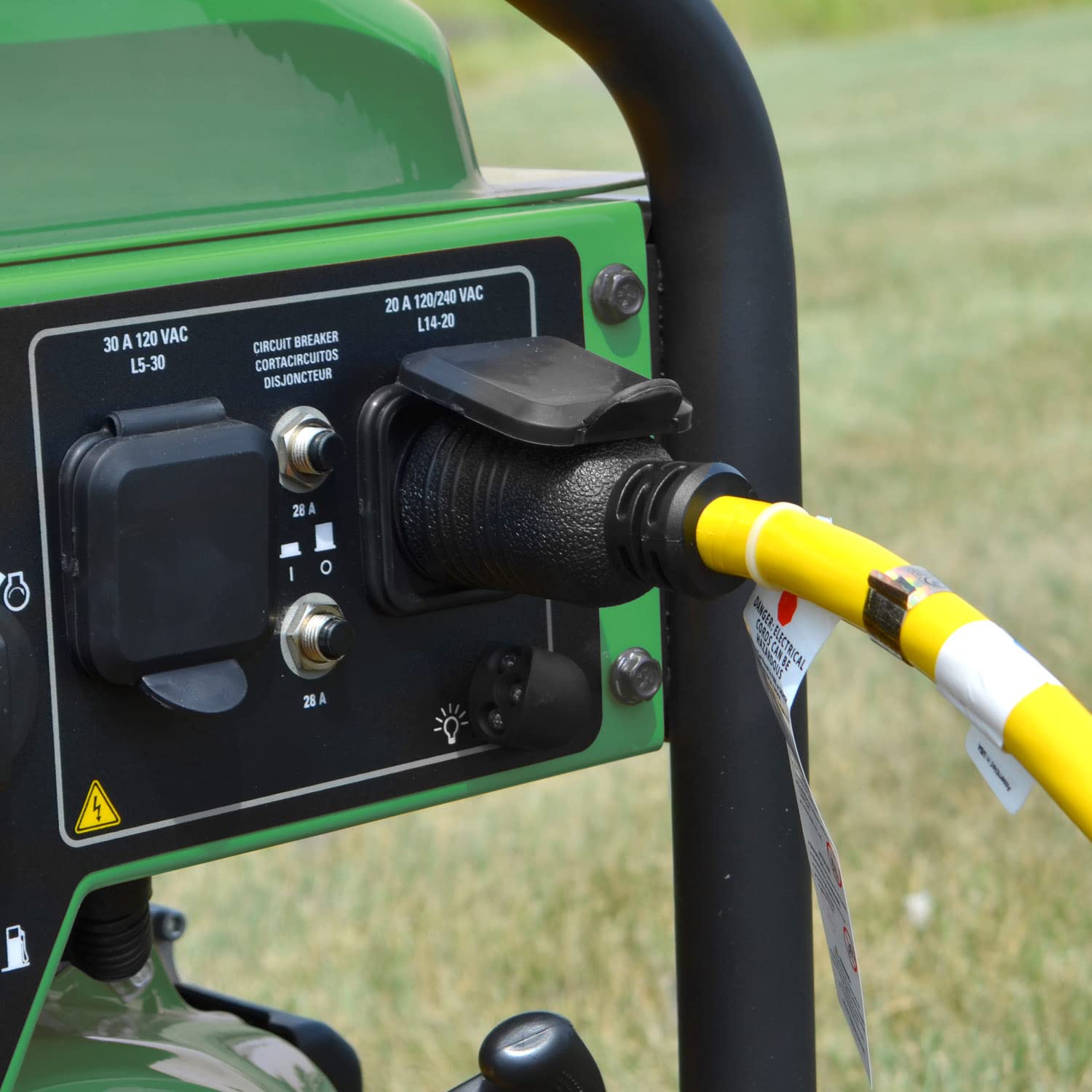 Conntek adapter plugged between RV inlet and generator showing reliable temporary power benefit