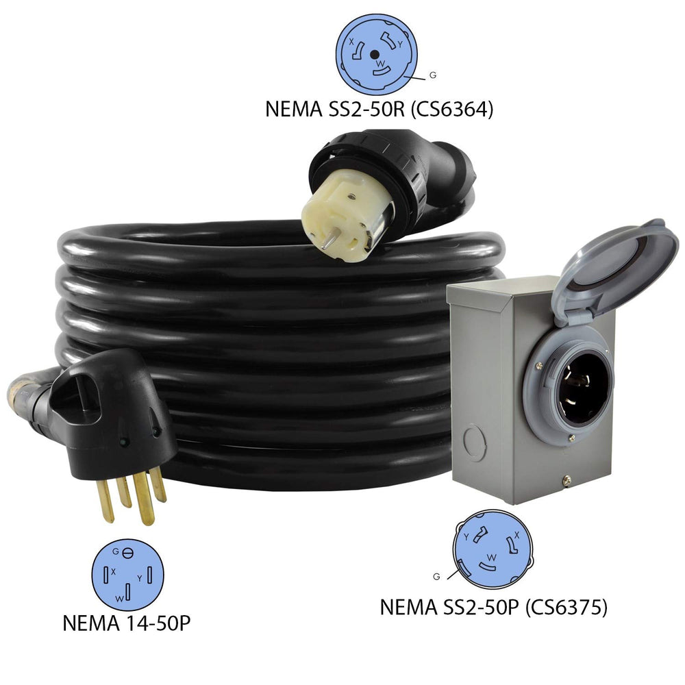 Conntek 50A cord plug and CS-6364 connector closeup ensuring secure high-power connection