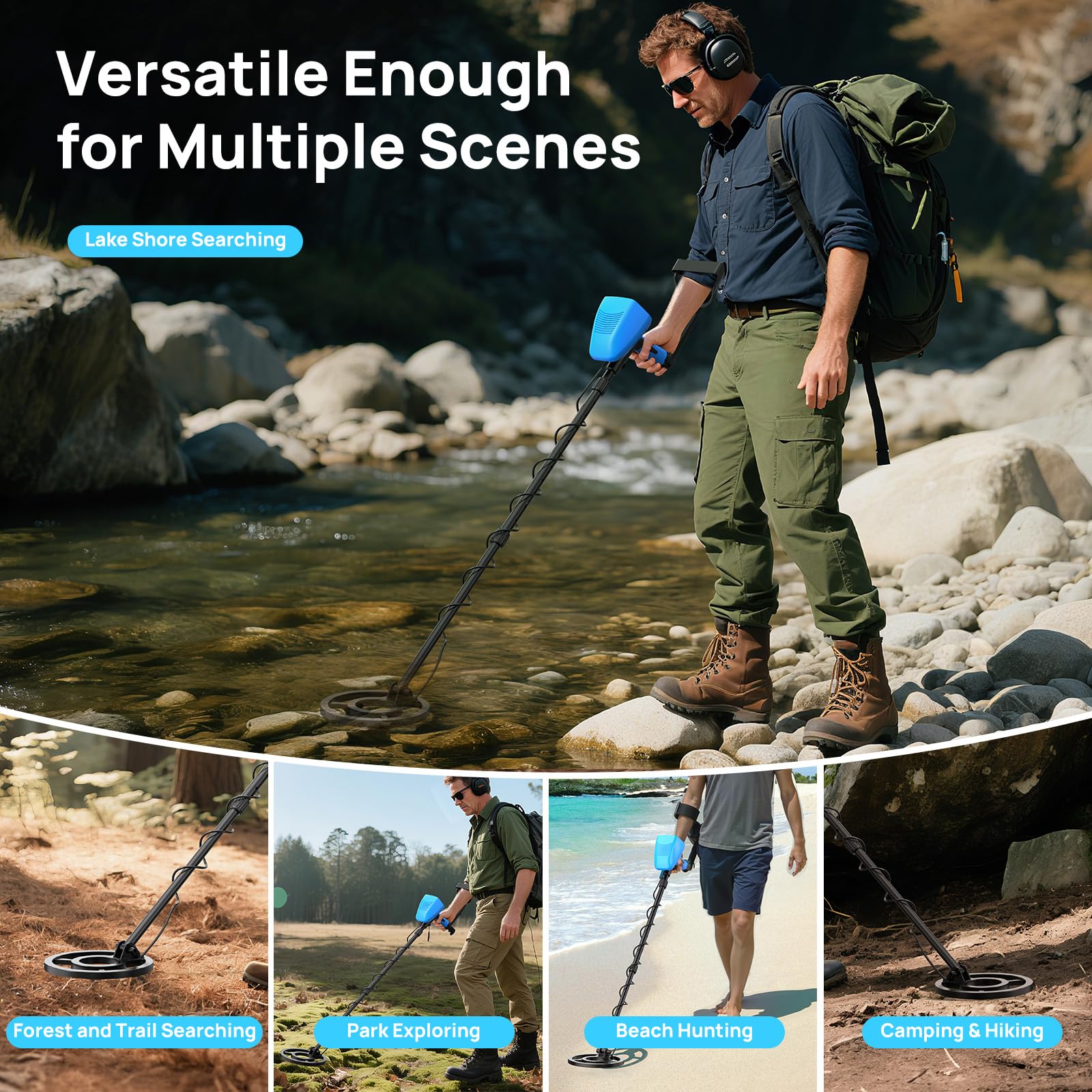 Consciot beach hunt lifestyle scene showing detector finding coins in sand
