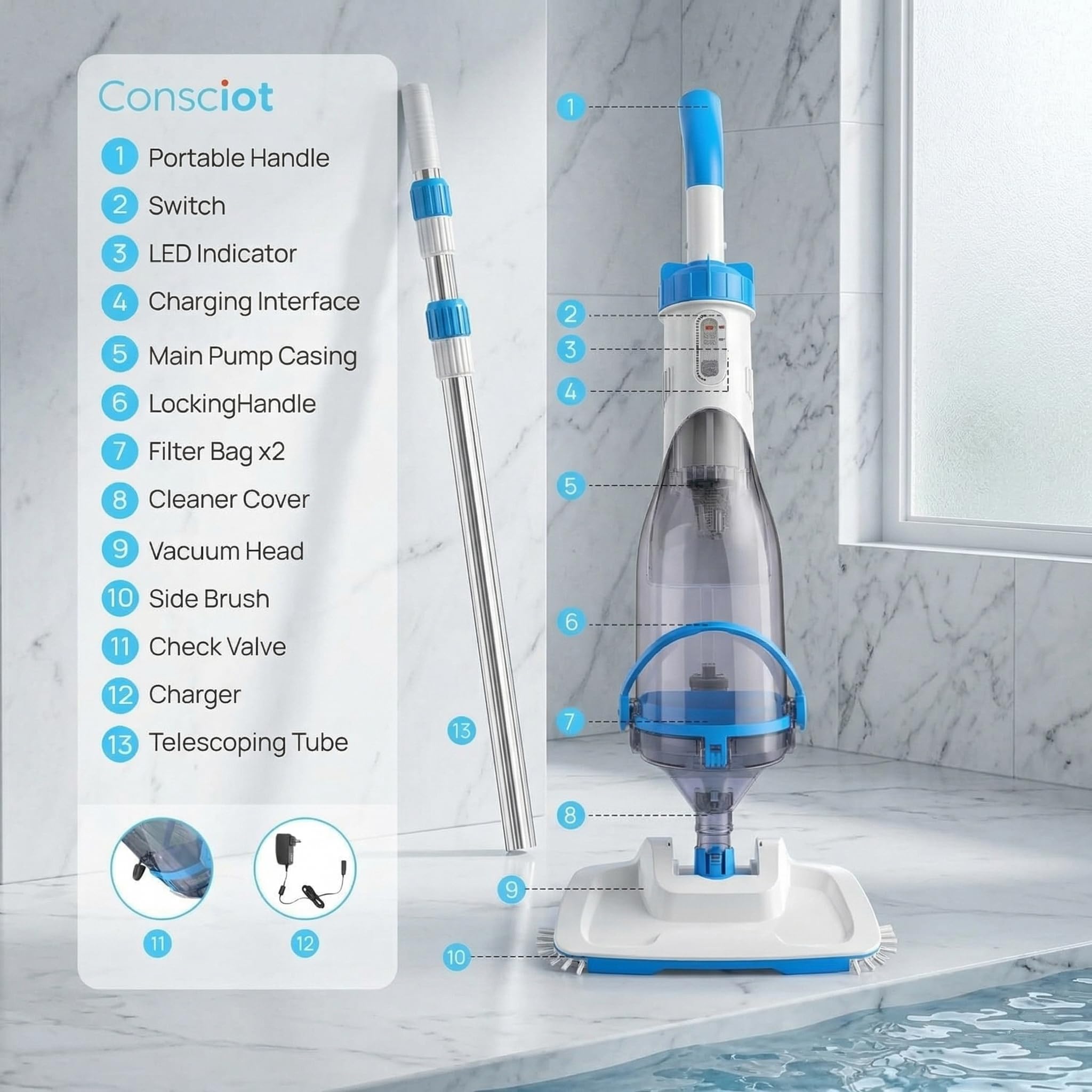 Consciot pool vacuum on pool deck by hot tub showing convenient storage benefit