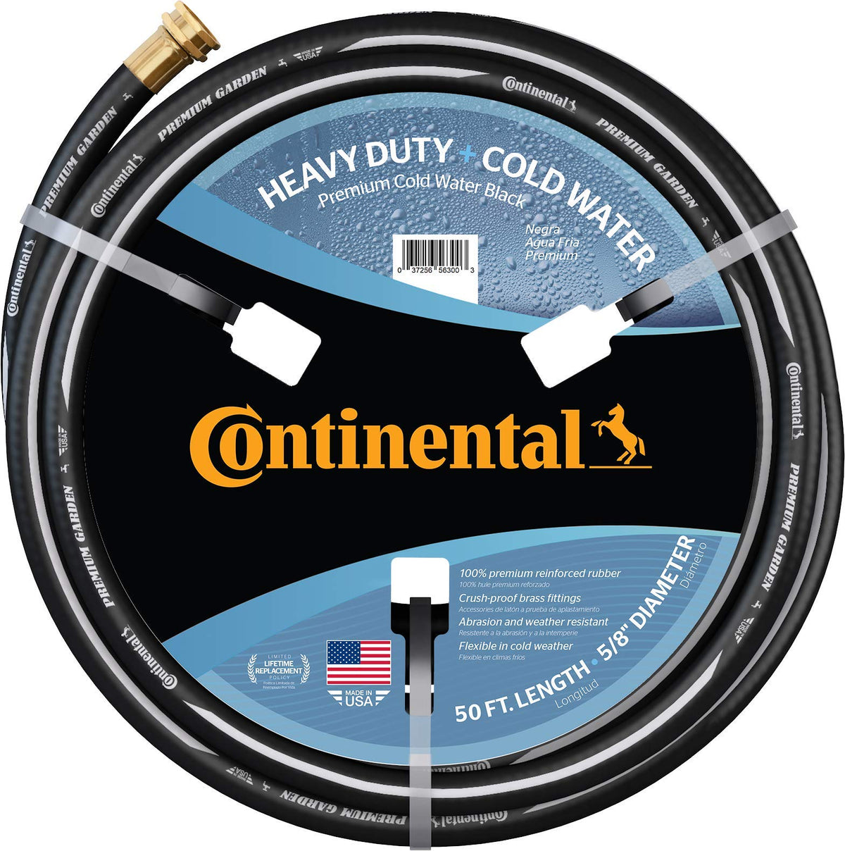 Continental front view of black hose showing durable profile and easy handling