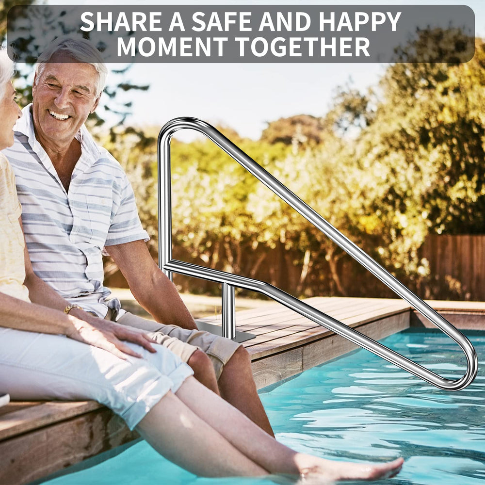 Coocure family using rail at poolside showing easier entry and peace-of-mind benefit
