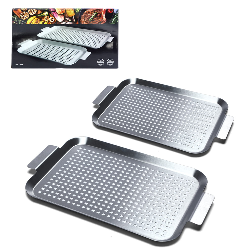 Cook Time front view of both stainless steel grill pans showing durable design and handles