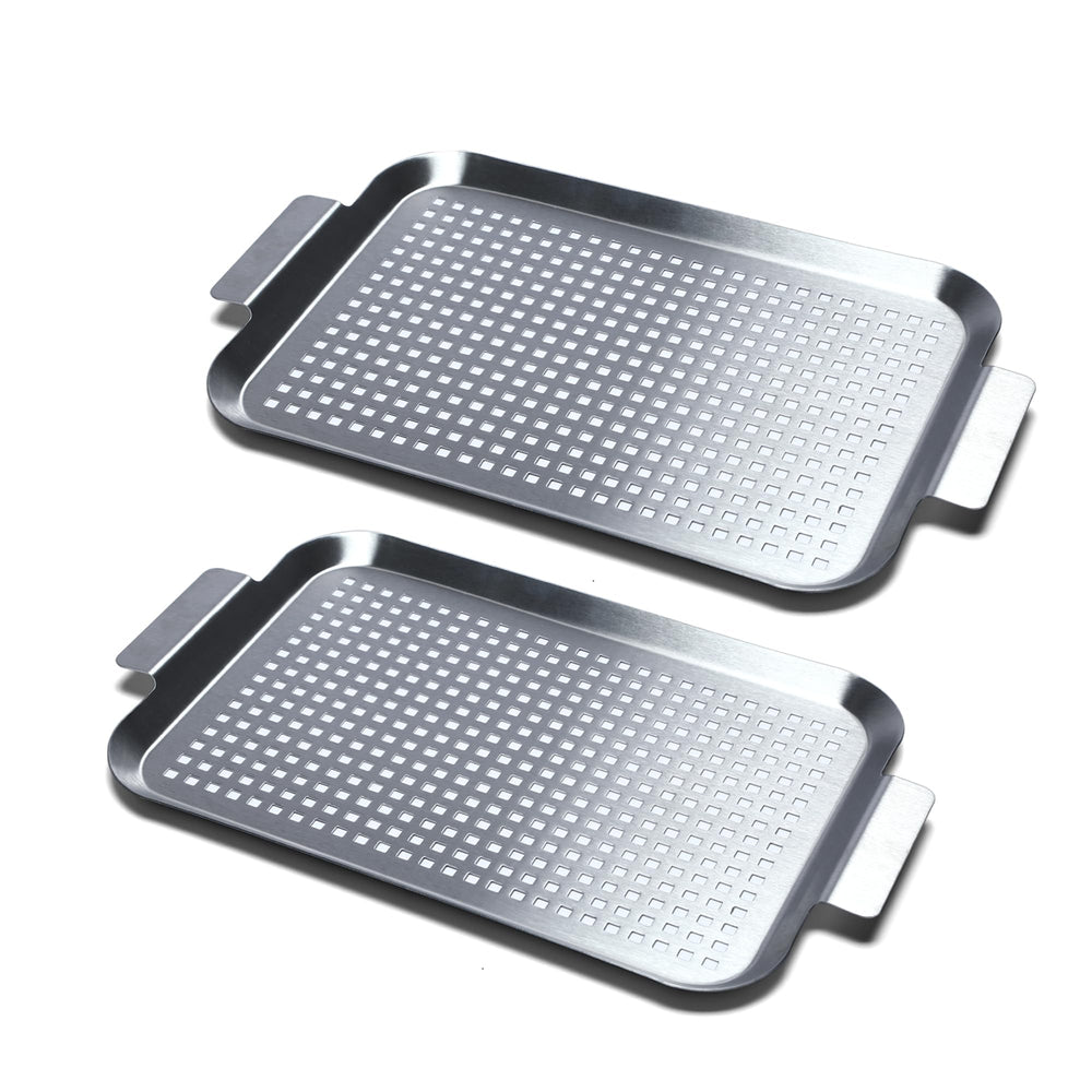 Cook Time front view of the two stainless steel grill pans showing size and finish, durable design