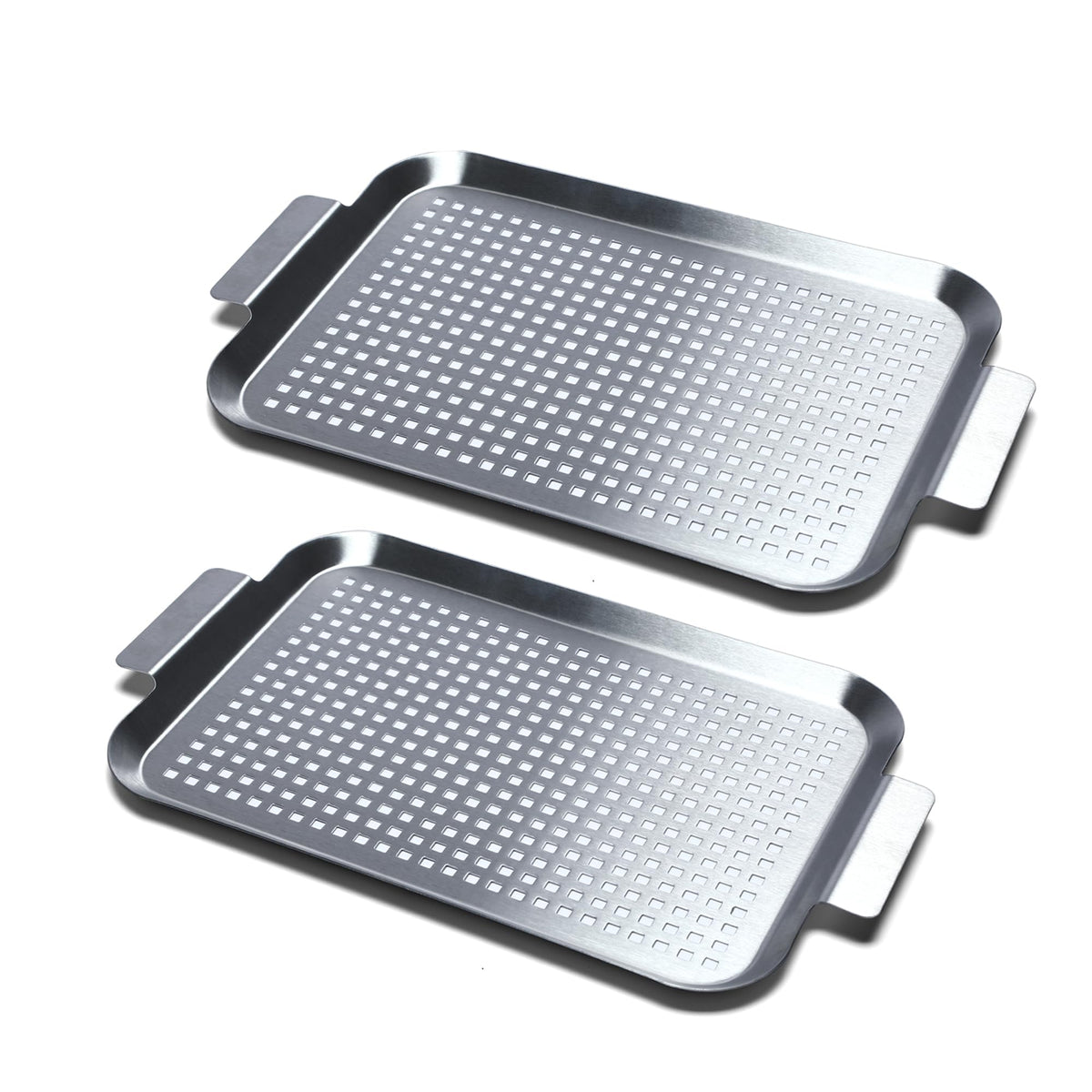 Cook Time front view of the two stainless steel grill pans showing size and finish, durable design