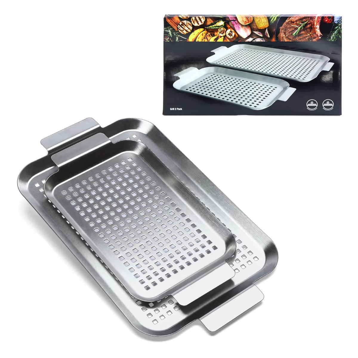 Cook Time front view of both stainless steel grill pans showing full coverage benefit