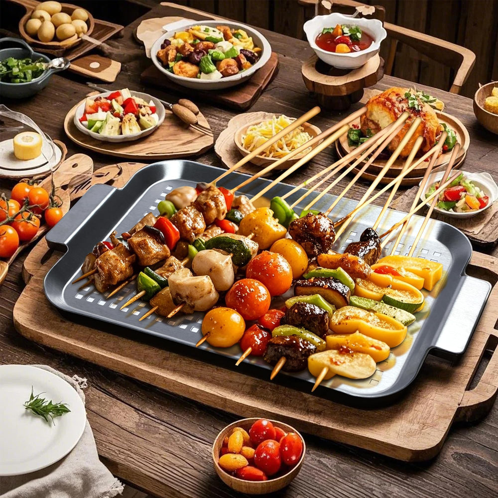 Cook Time grill pan in use with mixed vegetables showing even charring and contained food