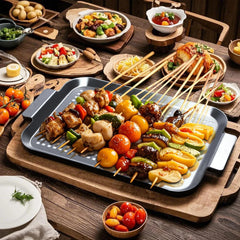 Cook Time grill pan in use with mixed vegetables showing even charring and contained food