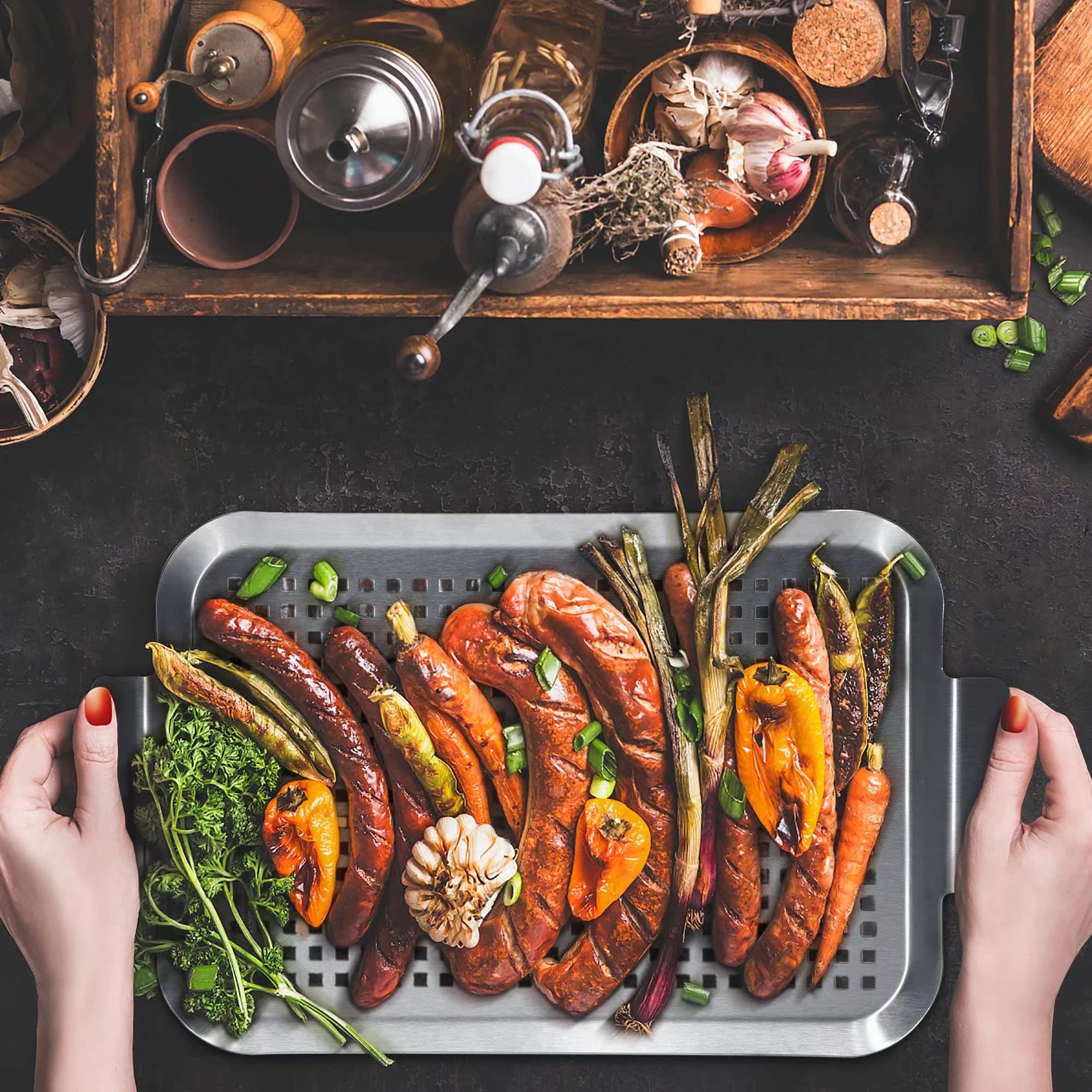 Cook Time pans in use with mixed vegetables demonstrating contained grilling and flavor