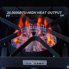 COOKAMP close-up of cast iron Banjo burner showing even heat surface and durability