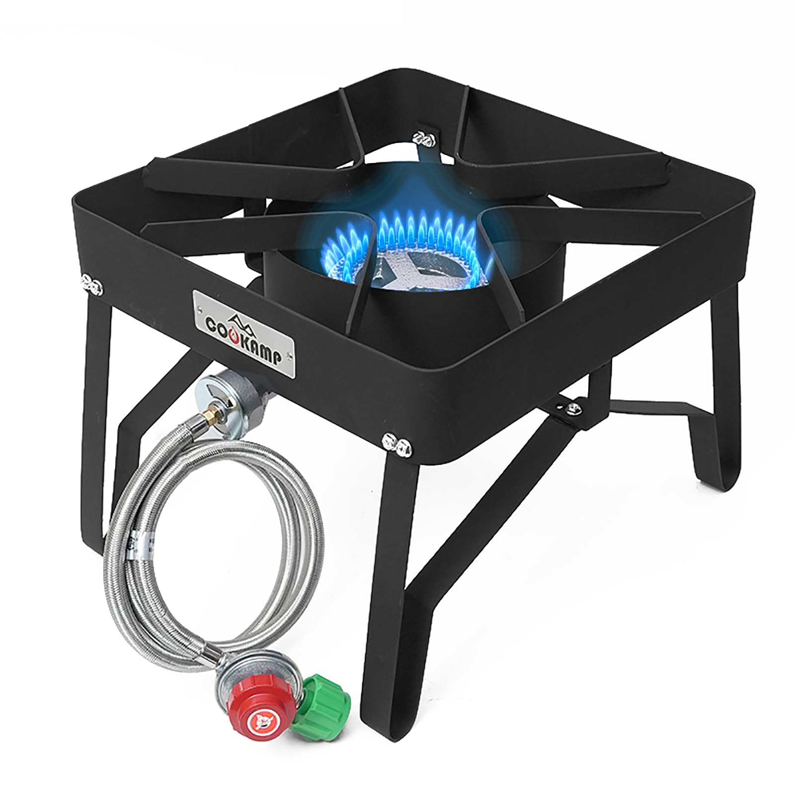 COOKAMP front view of outdoor burner showing stable frame and control knob for reliable heat