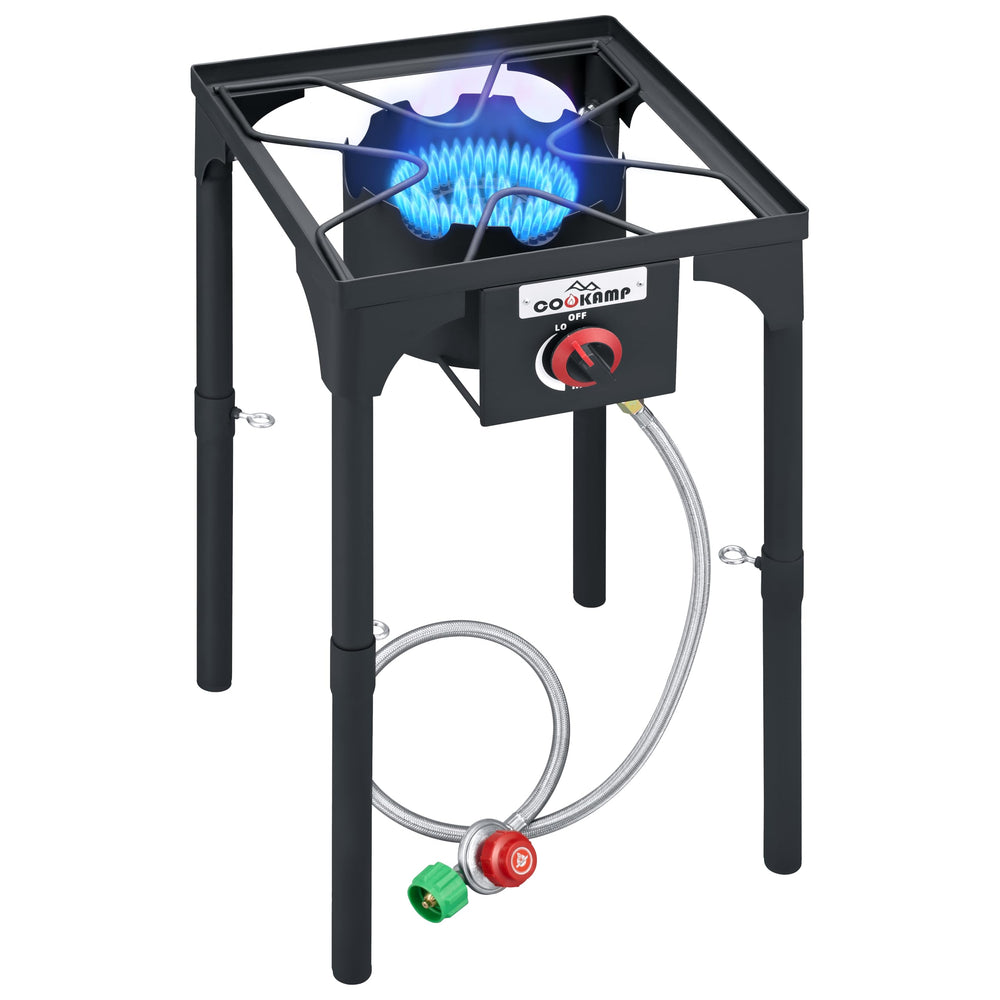 COOKAMP front view of burner showing sturdy frame and control knob for reliable power