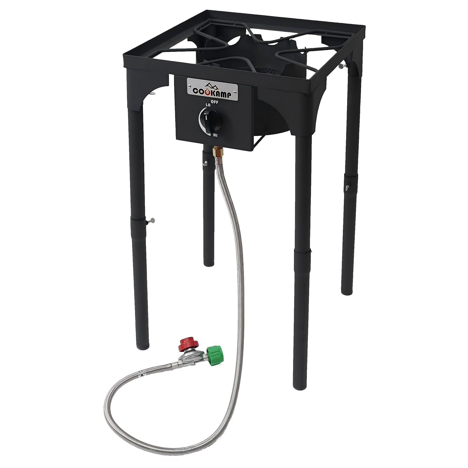COOKAMP close-up of CSA listed regulator and steel braided hose for safe pressure control