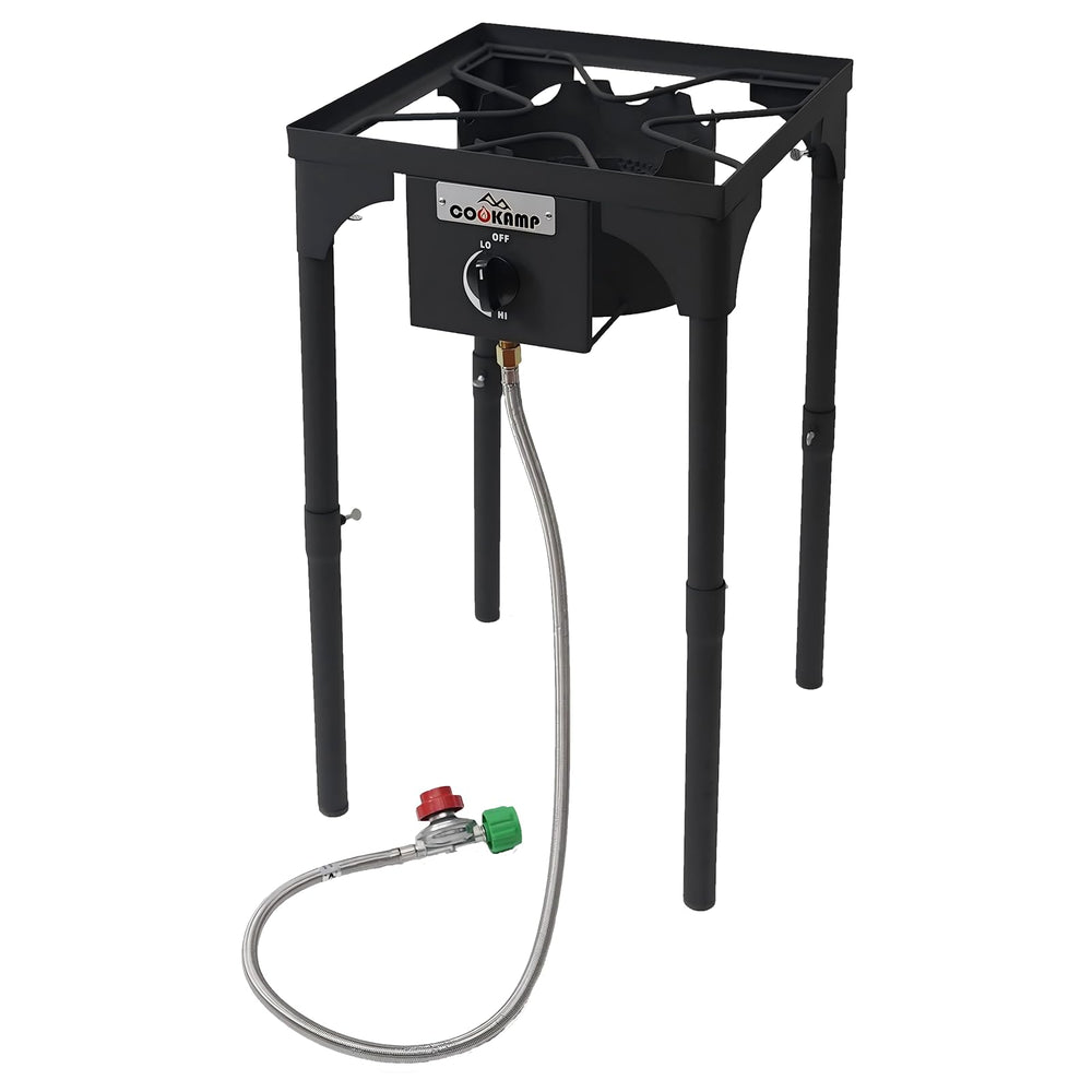 COOKAMP close-up of CSA listed regulator and steel braided hose for safe pressure control