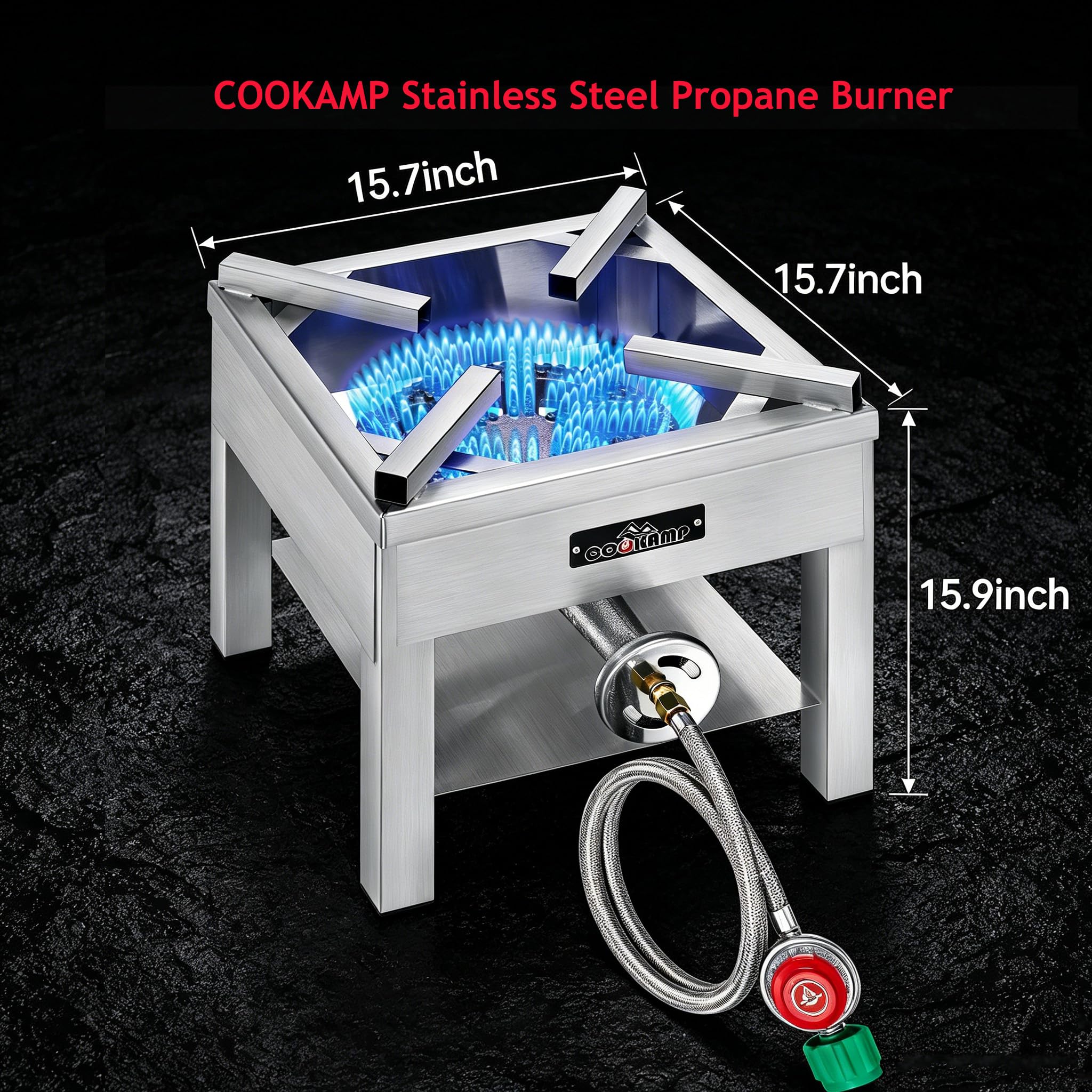 COOKAMP cast iron 10-inch burner close-up showing durable construction and efficient blue flame