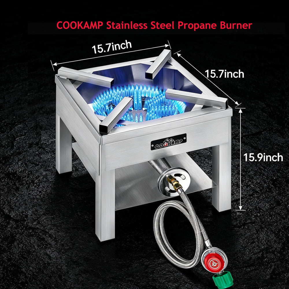 COOKAMP cast iron 10-inch burner close-up showing durable construction and efficient blue flame
