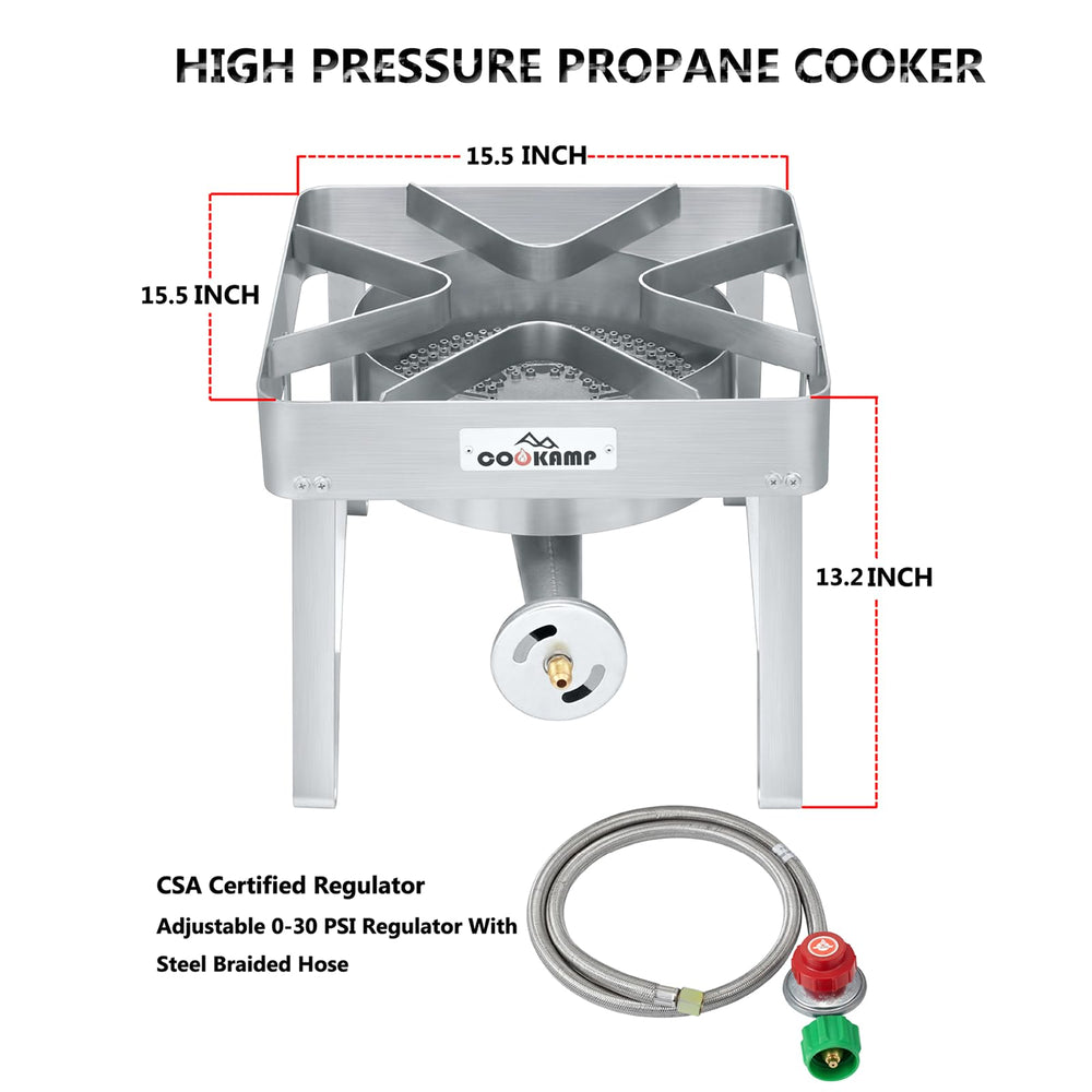 COOKAMP close-up of 10-inch cast-iron burner showing even flame distribution and efficient heat