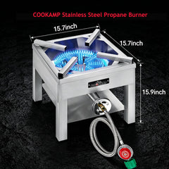 COOKAMP cast iron 10-inch burner close-up showing durable construction and efficient blue flame