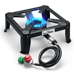 COOKAMP front view cooktop showing stable design and powerful burner benefits