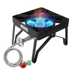 COOKAMP front view of single-burner showing stable frame and ports for powerful cooking