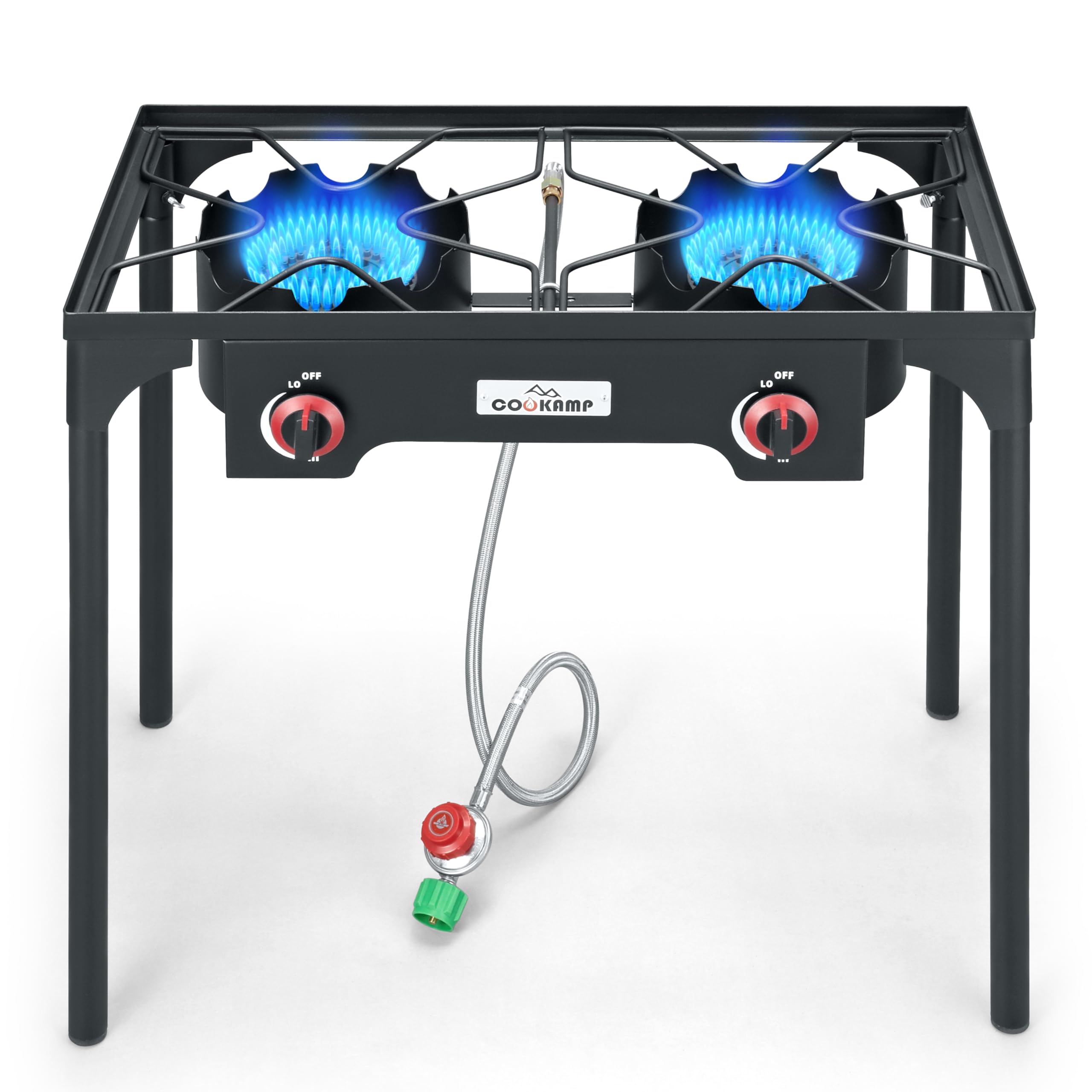 COOKAMP front view of two-burner stove showing durable frame and controls for reliable cooking