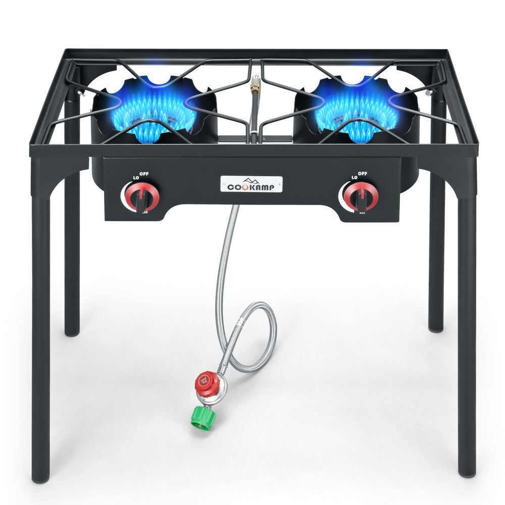 COOKAMP front view of two-burner stove showing durable frame and controls for reliable cooking