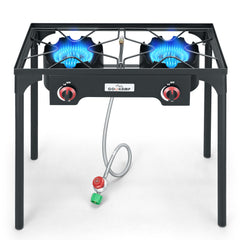 COOKAMP front view of two-burner stove showing durable frame and controls for reliable cooking