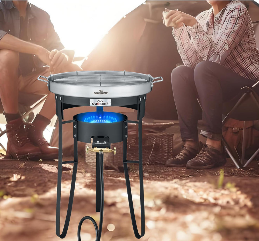 COOKAMP burner in use frying a turkey outdoors for powerful heat