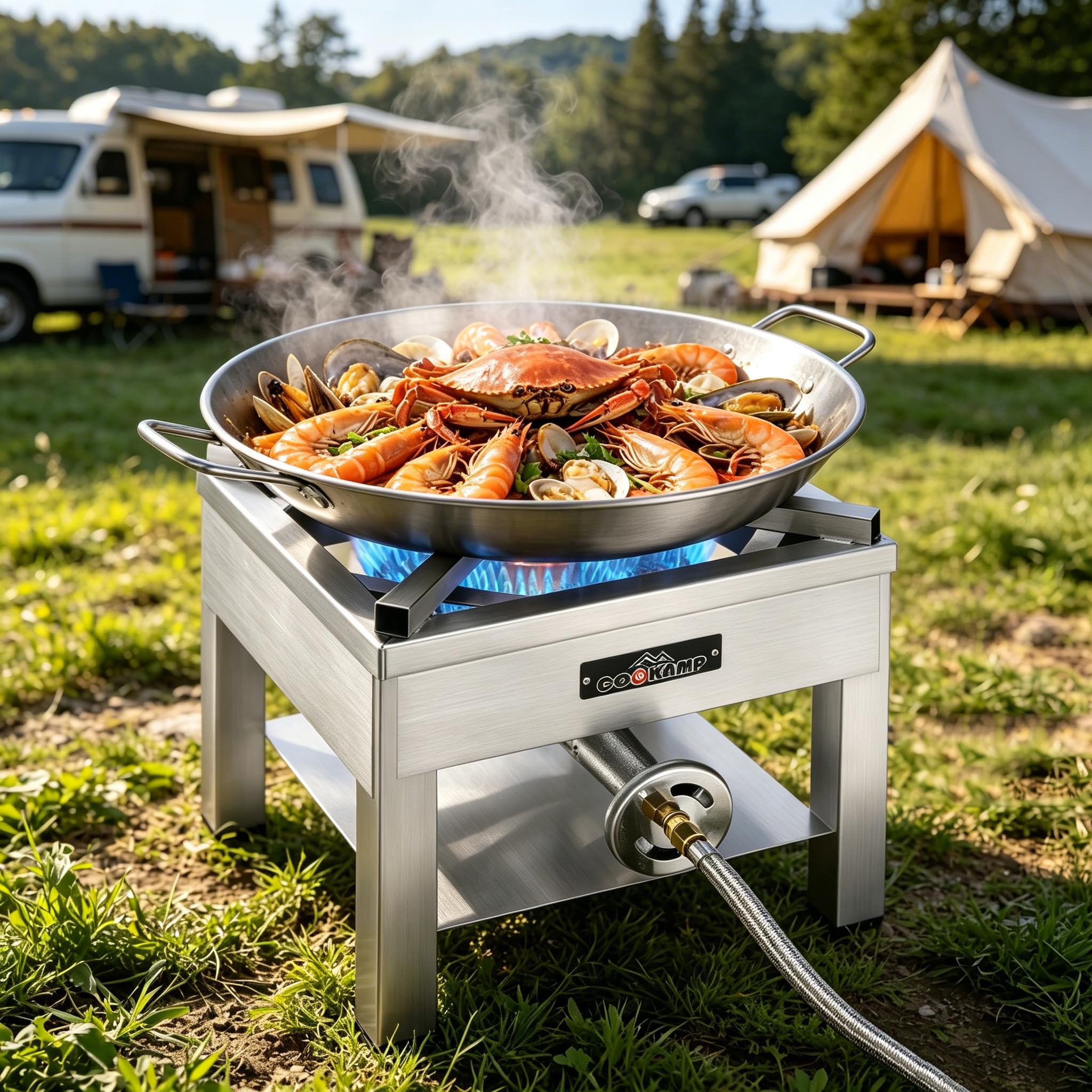 COOKAMP in-use during a seafood boil demonstrating powerful heat and fast boil-up benefit