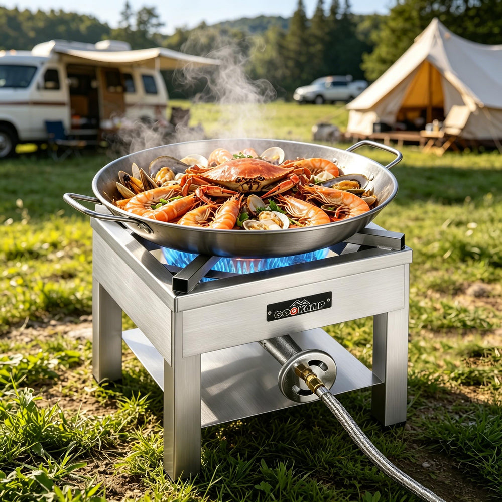 COOKAMP in-use during a seafood boil demonstrating powerful heat and fast boil-up benefit