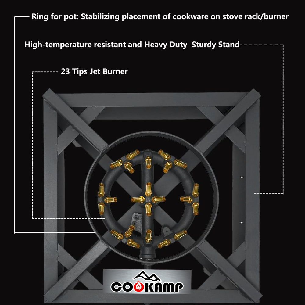 COOKAMP jet burner closeup showing 23-tip jets for even high-heat distribution