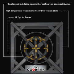 COOKAMP jet burner closeup showing 23-tip jets for even high-heat distribution