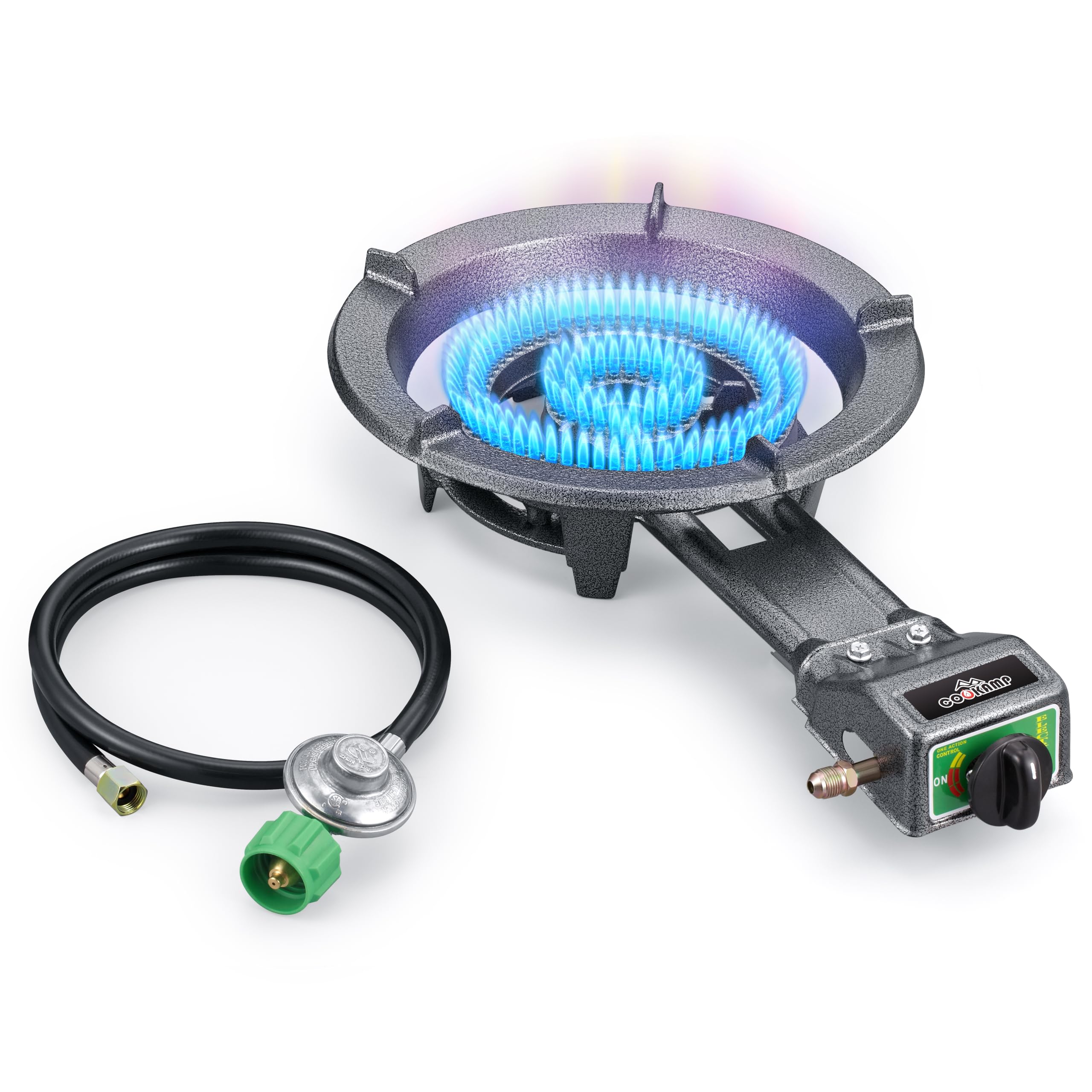 COOKAMP SH80 front view showing compact burner and sturdy cast-iron support for stable cooking