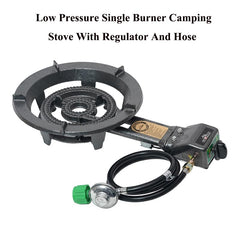 COOKAMP SH80 regulator and hose detail demonstrating ready-to-connect low-pressure propane setup