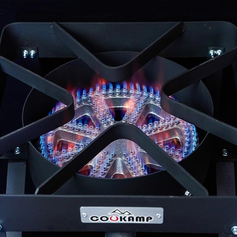 COOKAMP beside standard propane tank showing scale and portability for outdoor cooking convenience