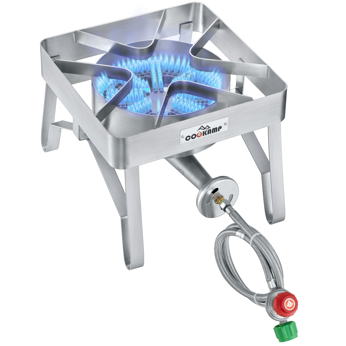 COOKAMP SS1250 front view showing stainless steel frame and heavy-duty burner, demonstrating durability