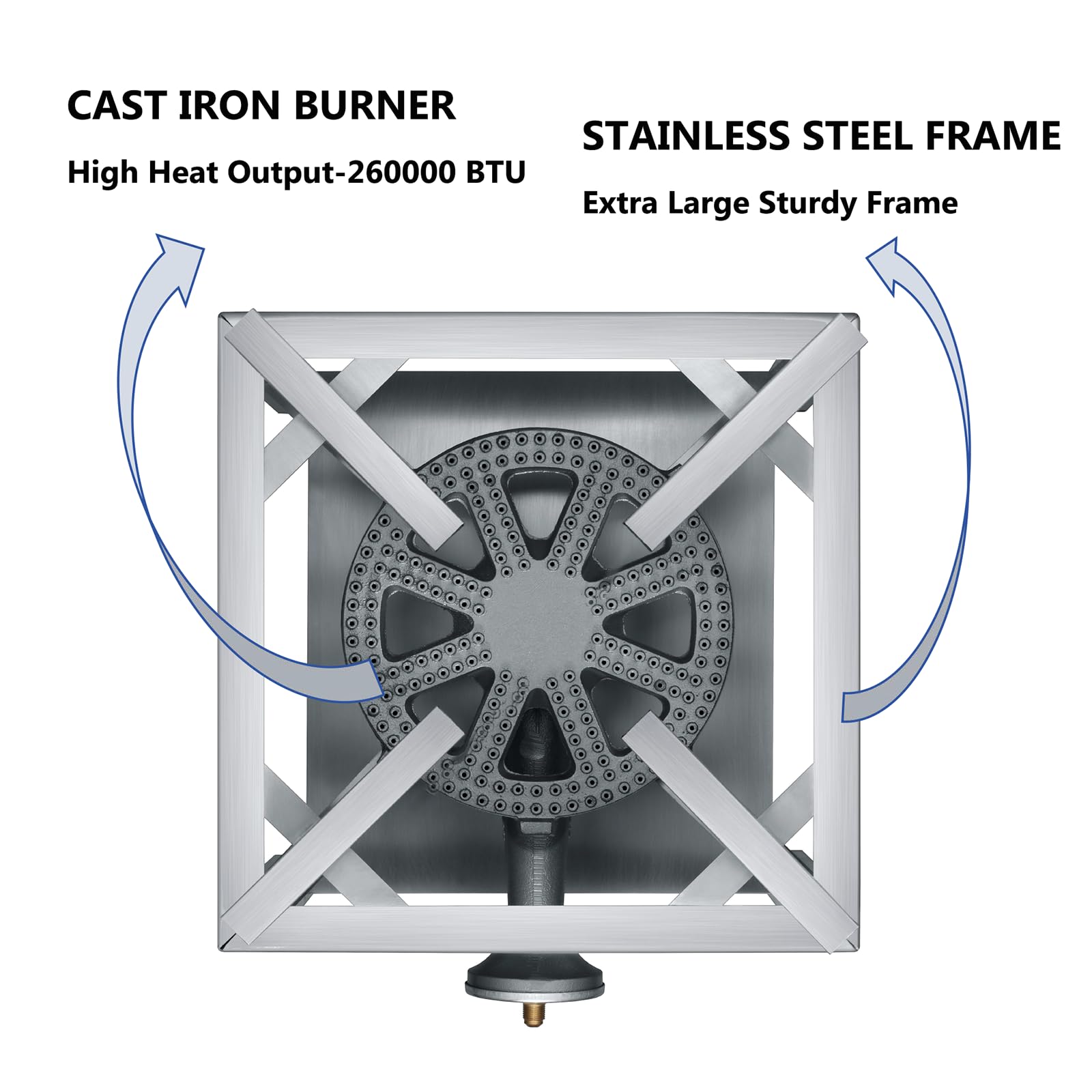 COOKAMP stainless steel frame side angle highlighting welded seams and corrosion-resistant build benefit