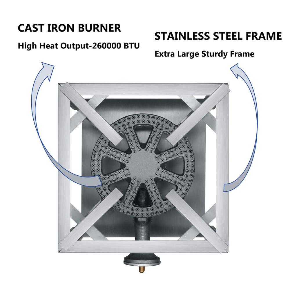 COOKAMP stainless steel frame side angle highlighting welded seams and corrosion-resistant build benefit